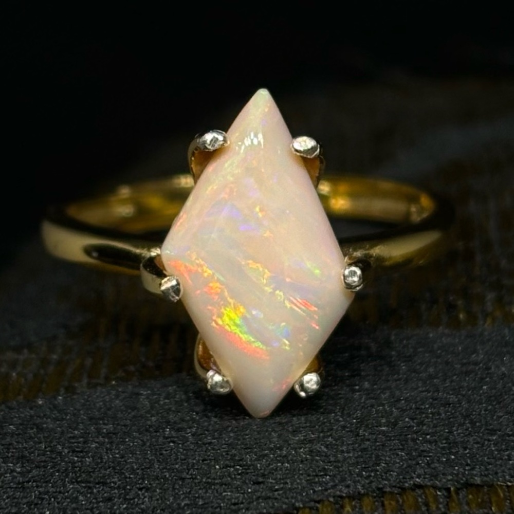 Multifired White Mexican Fire Opal 18k Gold Custom Ring With Silver Tips